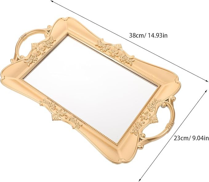 Rectangle Vintage Mirror Tray - Gold Embossed Flower Decorative Mirror Serving Tray for Vanity - Makeup and Jewelry Organizer for Dresser