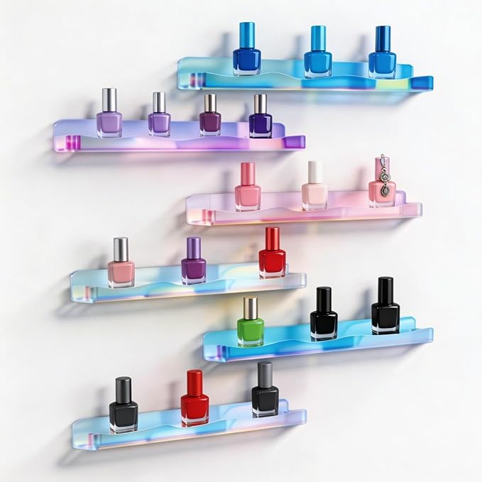 6 Pack Nail Polish Wall Rack Iridescent Acrylic Wall Shelves with Stopper 15 Inch Color Changing Display Ledges for Tattoo Ink Essential Oils Figurine Organizer, Rainbow Bookshelf, Room Decor