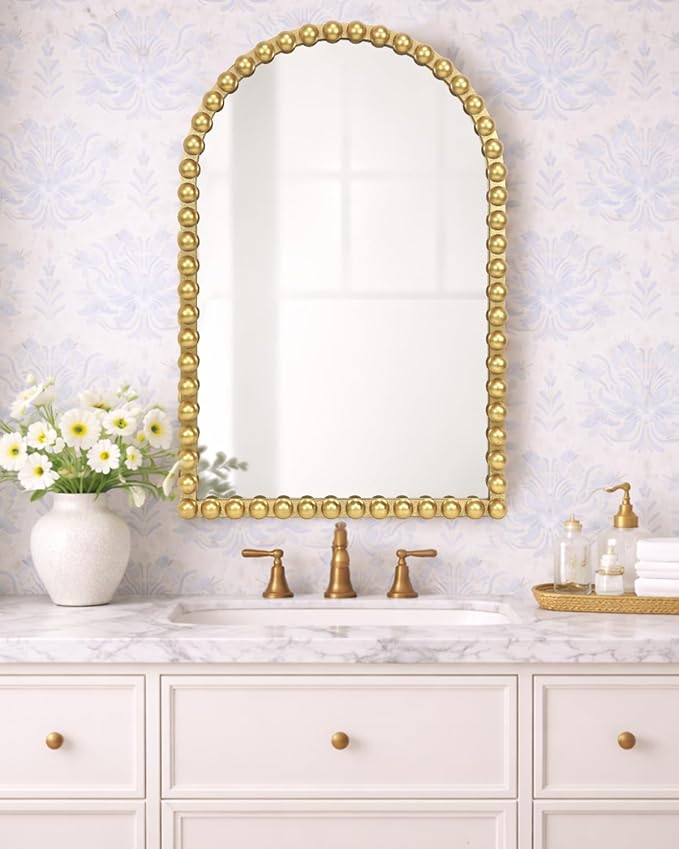 Gold Beaded Arched Wall Mirror 24x36 Inch, Vintage Decorative Arch Mirror with Beaded Frame, Accent Mirror for Entryway, Bathroom, Living Room, Bedroom, Fireplace