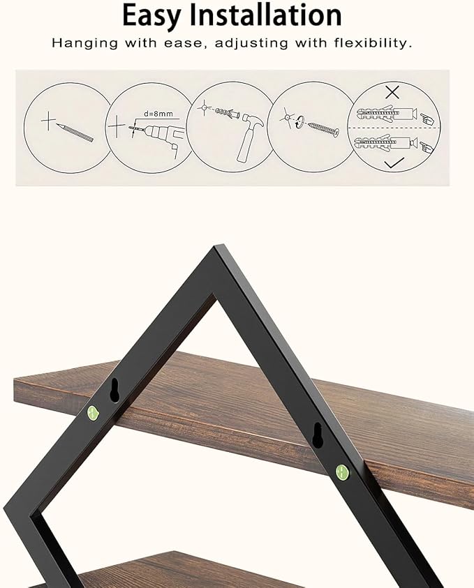 3-Piece Floating Shelves - Unique Geometric Wall Mounted Storage Set (1 Single & 2 Double Tiers), Sturdy Wood & Metal Display Shelf for Plants, Picture Frames, Living Room & Bathroom Decor