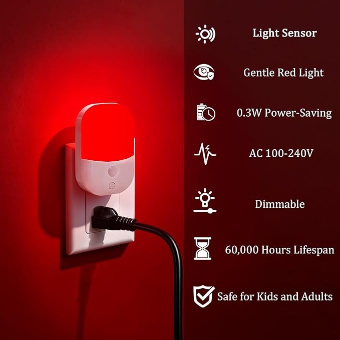 670nm Red Light Night Light for Sleep Therapy - 2 Pack, Auto Dusk to Dawn Sensor, 0.3W Dimmable & Portable LED Red Night Light Plug into Wall for Nursery Bedroom Bathroom Kitchen Hallway