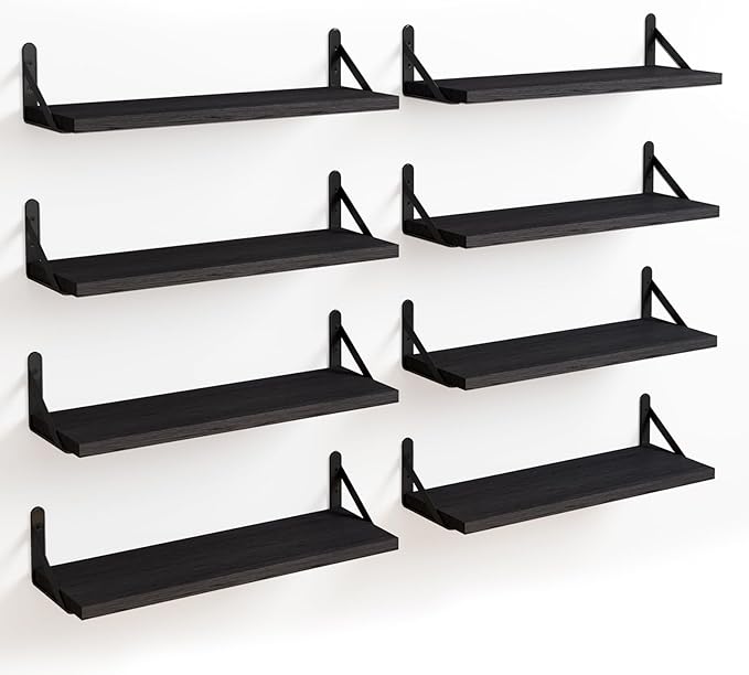 Fixwal Floating Shelves, Width 4.7in Rustic Wood Wall Shelves Set of 8, Wall Storage Shelves for Bedroom, Living Room, Kitchen, Bathroom, Office and Plants (Black)