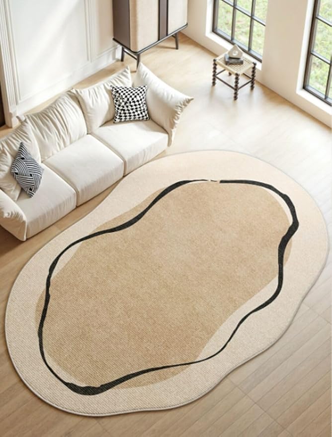 Beige Brown Irregular Shape Rug 7x9 Modern Abstract Black Striped Irregular Rug for Bedroom Diningroom Living Room Washable Odd Shaped Rugs Minimalist Aesthetics Home Office Guestroom Indoor Carpet