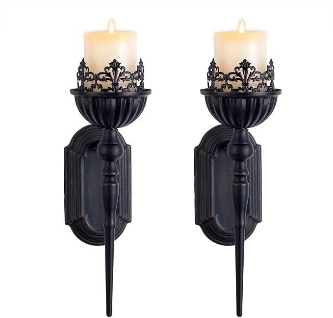 Gothic Wall Sconce Candle Holder (Set of 2) Black Crown and Scepter Design Wall-Mount Metal Candle Holders Hanging Iron Wall Candle Sconce Holder for Living Room, Bathroom, Dining Room