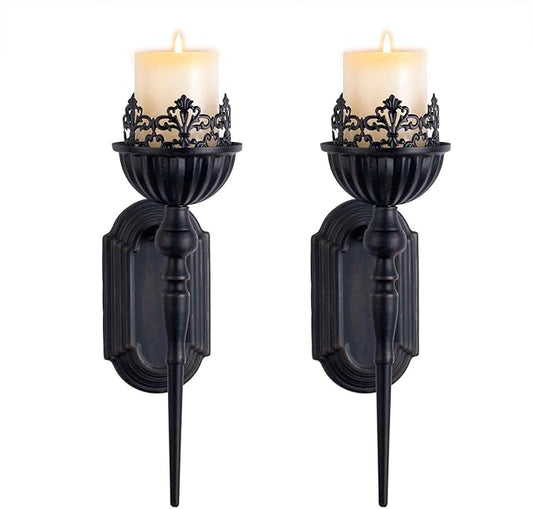 Gothic Wall Sconce Candle Holder (Set of 2) Black Crown and Scepter Design Wall-Mount Metal Candle Holders Hanging Iron Wall Candle Sconce Holder for Living Room, Bathroom, Dining Room