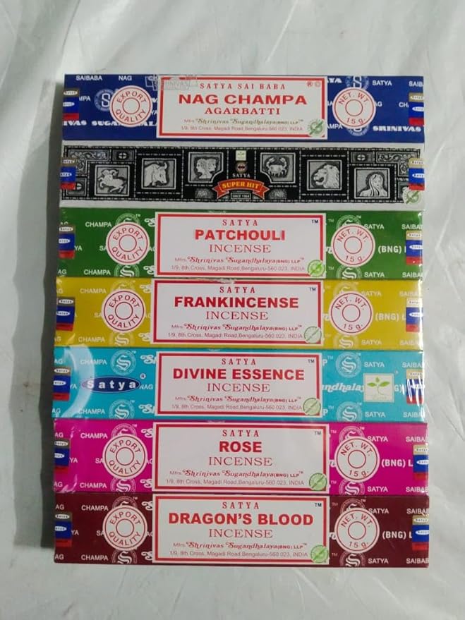 Satya Incense Gift Set Nag Champa, Super hit, Dragon's Blood, Frankincense, Patchouli, Rose, Divine Essensce, 15 g (Divine)