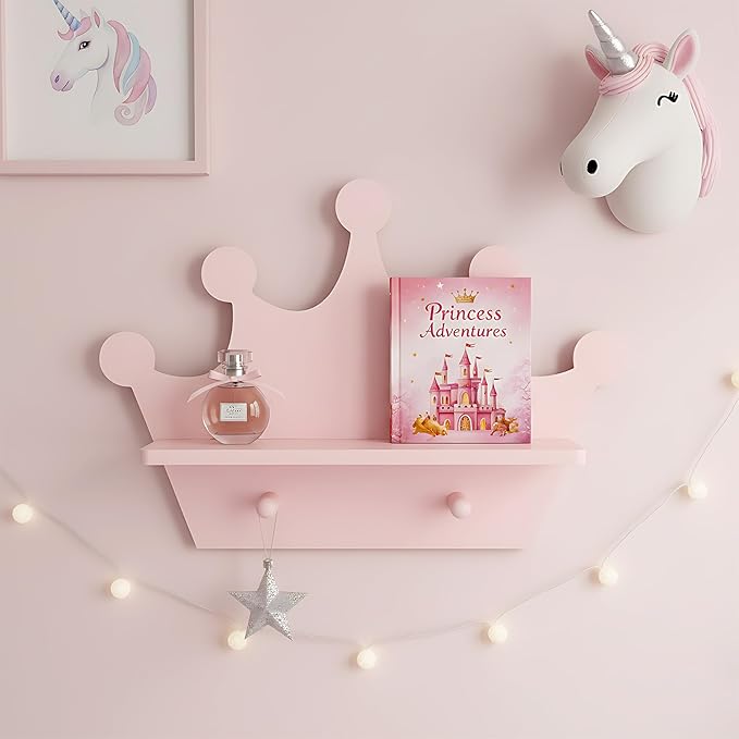Pink Crown Floating Wall Shelf with Hooks, Princess Room Decor for Girls Bedroom, Nursery Organizer for Girls Room Storage