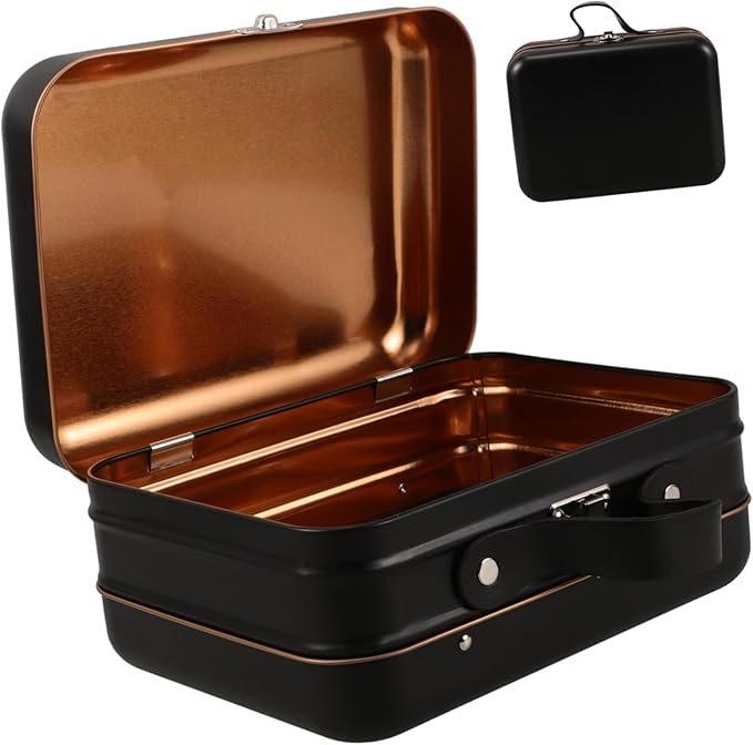 Mobestech Mini Suitcase Makeup Organizer Tin Jewelry Container for Makeup Toys and Electronics Portable Handheld Storage Box Black