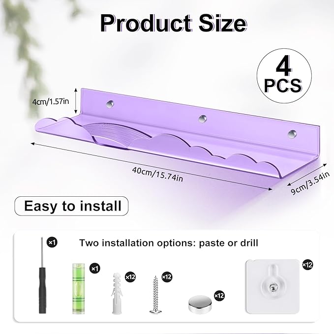 Rainbow Acrylic Floating Shelves, 15in Kids Wall Mounted Nursery Bookshelves, Display Ledge for Books Toys Cosmetic, Bathroom Bedroom Living Room Wall Decor and Storage, 4 Pack, Mix