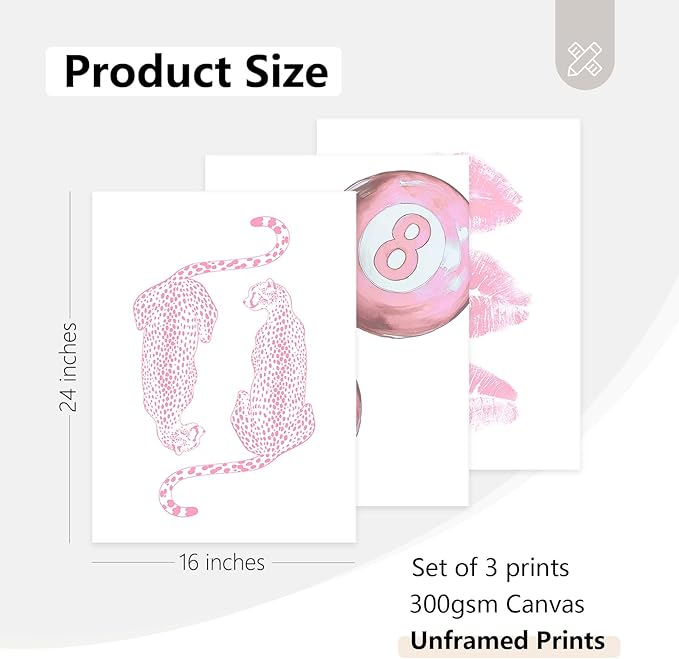Tocliky Pink Cheetah Wall Art Decor Trendy Leopard Prints Preppy Aesthetic Canvas Room Decor Y2k Leopard Wall Art 8 Ball Poster Coquette Funky Fashion Artwork for Girls Bedroom 16x24x3 Inch Unframed