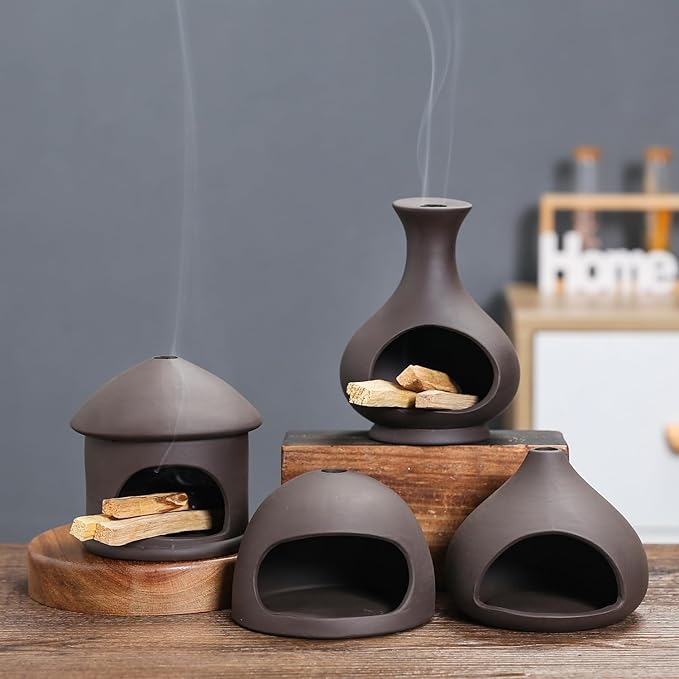 Palo Santo Holder, Sage and Palo Santo Stick Burner Holder, Chiminea Incense Holder, Handmade Ceramic Smudge Bowl, Ash Catcher with Mini Chimney, for Energy Cleansing, Yoga, Meditation Relaxation
