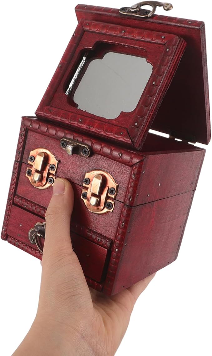 Chinese Wooden Jewelry Box: Antique Makeup Organizer - Classic Vanity Box with Mirror & Lock - Decorative Dresser Storage Case for Jewelry Cosmetics
