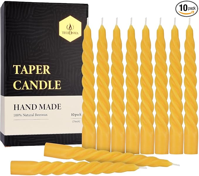 Beeswax Taper Candles Set of 10, Spiral Taper Candle Dripless Short Candle Sticks for Dinner Wedding Party Christmas Home Decorations - 7 Inch Tall - Yellow