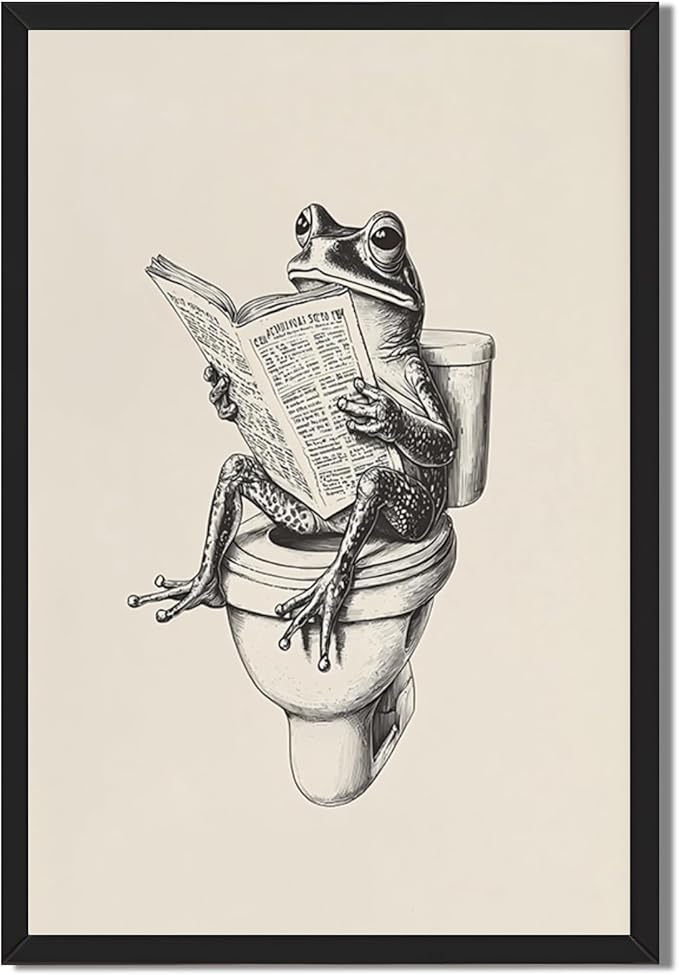 RINMFEO Funny Frog Bathroom Canvas Art Retro Frog on Toilet Reading Newspaper Quirky Wall Decor Playful Animal Poster 24x36inch Black frame