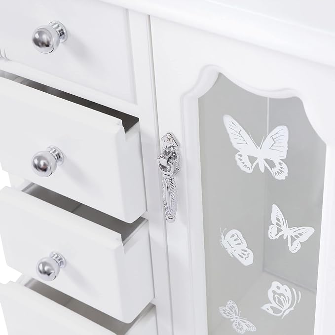 Solid Wooden Jewelry Box, 4-Drawers Makeup and Organizer Women Ring Storage with Built-in Necklace Carousel and Mirror, Solid Jewelry Organizer Wooden Jewelry Box for Women