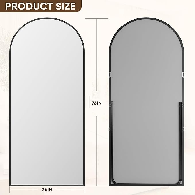 Antok Full Length Mirror, 76"x34" Floor Mirror with Stand, Hanging Mounted Mirrors for Bedroom, Living Room, Cloakroom, Dining Room, Black, Arched