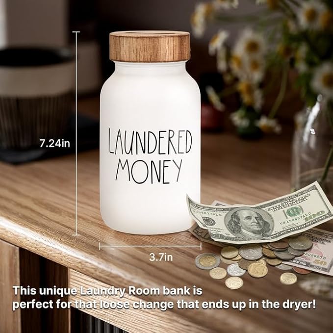 Laundry Room Decor & Organization - Premium Matte White Glass Coin Bank with Wood Lid - Rustic Farmhouse Money Jar for Loose Change - Funny Laundered Money Tip Jar & Shelf Accessories