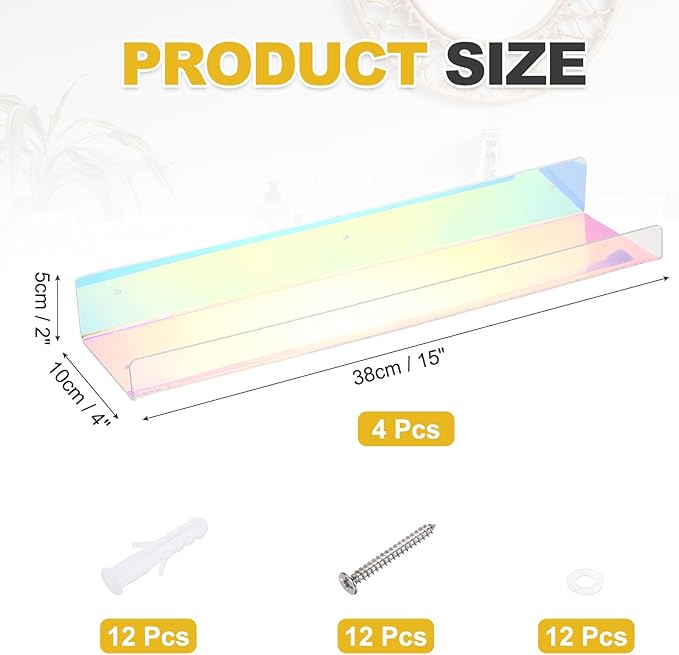 MECCANIXITY 4 Pack Acrylic Shelves for Wall, 15 Inch Rainbow Floating Shelves Wall Mount Display Shelf Organizer for Bathroom, Bedroom, Living Room, Room Decor
