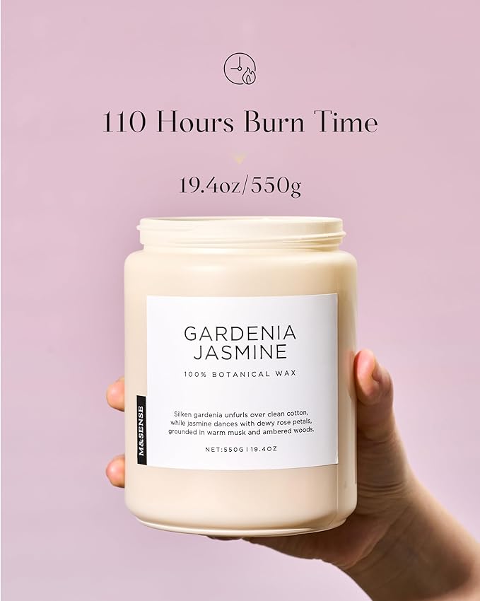M&SENSE Large Gardenia Jasmine Scented Candles, 19.4oz Natural Soy Wax, 110 Hours Long Lasting Slow Burning, Non Toxic Clean Burn, Spring Floral Scent Aromatherapy Candle for Her