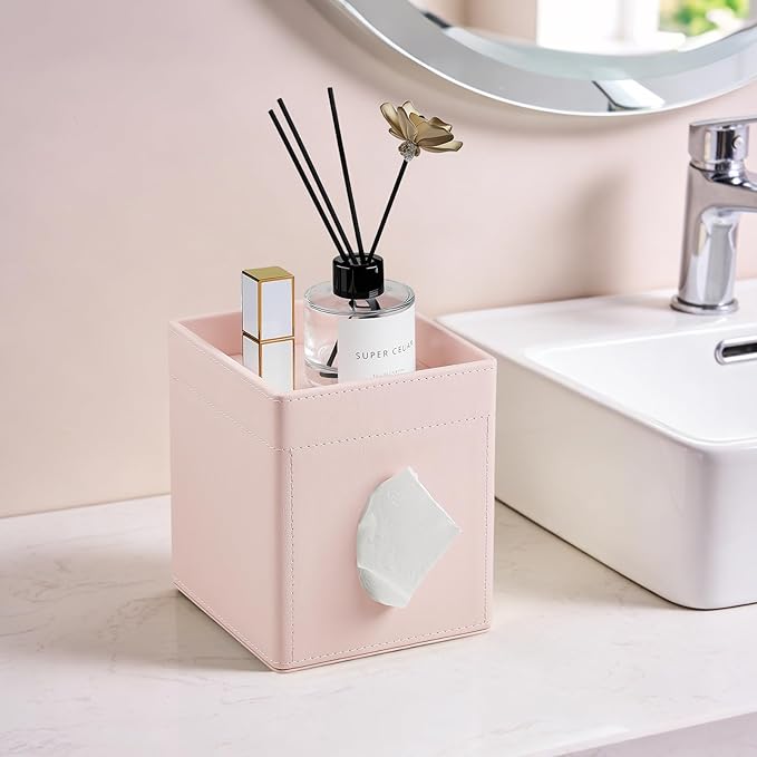 Tissue Box Cover, PU Leather Square Tissue Box Holder with Storage Tray for Bathroom Vanity Countertop Night Stands Bedroom Office Desk, Stylish Tissue Holder Decorative Organizer (Pink)