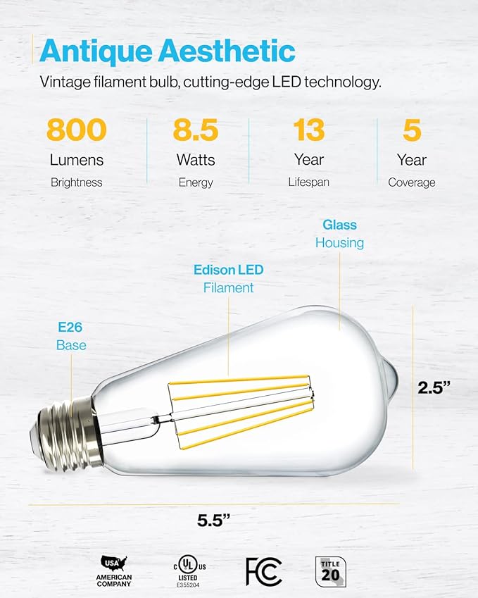 Sunco 16 Pack Edison Bulbs LED ST64, Clear Vintage Filament Waterproof Bulb, 800 LM, 8W (60W Equivalent), ST19, 4000K Cool White, E26 Medium Base, Decorative Dimmable UL