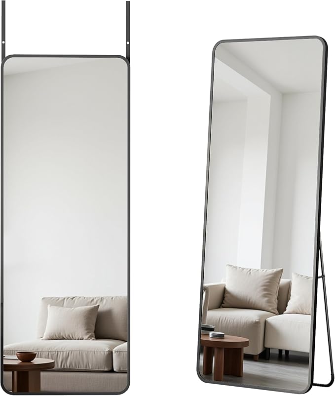 Antok Over The Door Mirror Full Length, 49'' x 14''Wall Mounted Hanging Mirror, Aluminum Alloy Frame, Shatterproof Glass, No Drill Installation for Bedroom, Closet, Bathroom, Dorm, Round Corner,Black