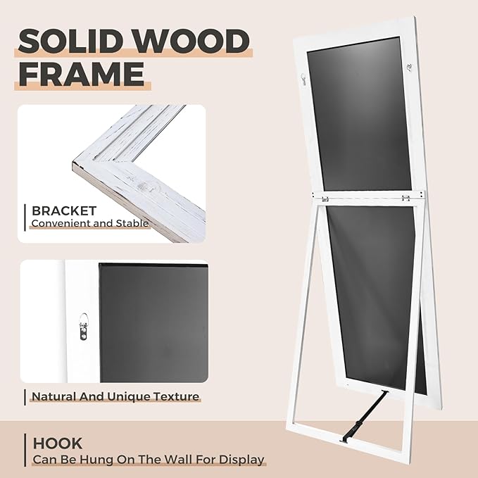65"x22" Full Length Mirror Solid Wood Frame Floor Mirror with Stand for Living Room, Bedroom Hanging Standing or Leaning, White