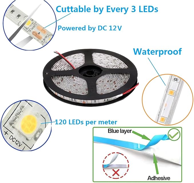 Flexible LED Strip Lights,600 Units LEDs,LED Strips,Waterproof,12 Volt LED Light Strips, Pack of 16.4ft/5m,for Holiday/Home/Party/Indoor/Outdoor Decoration (Waterproof&White&1Pack)