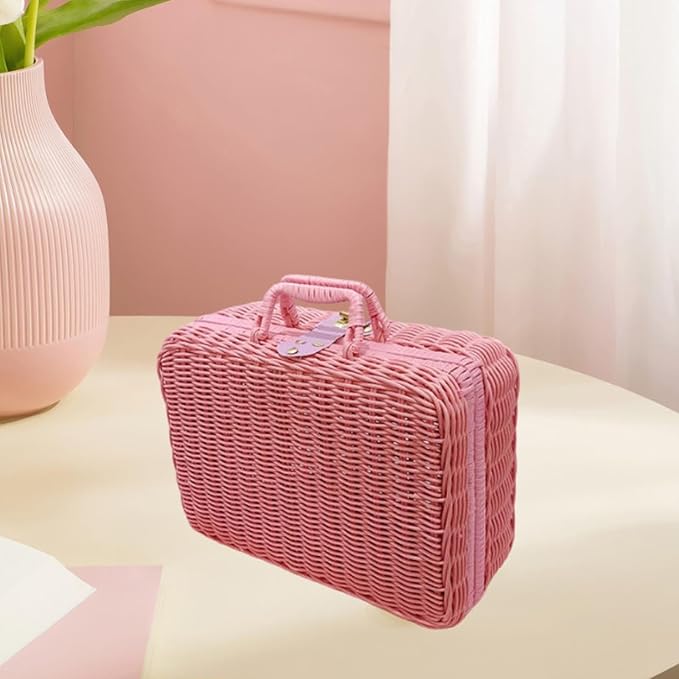 Woven Suitcase Imitation Rattan Storage Basket Gift Box Rustic Picnic Suitcase Handwoven Storage Case for Travelling Bathroom, Pink S