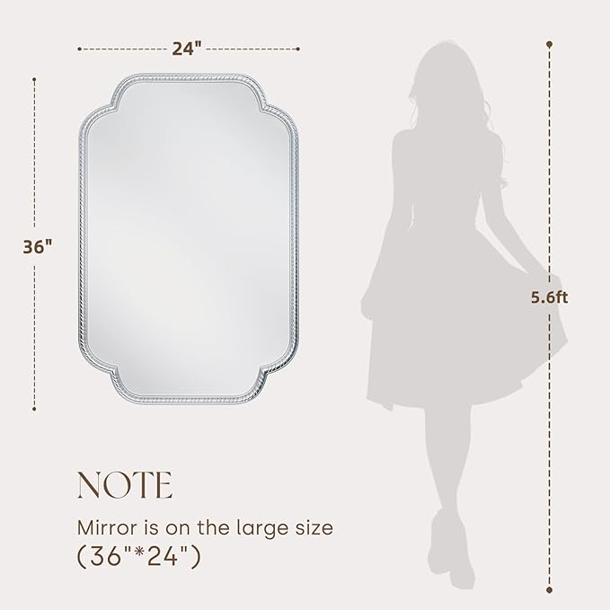 Uniclinens Silver Scalloped Mirror Wall Decor - Large Decorative Wall Mirror 36"X24" with Vintage Baroque Metal Frame, Ideal for Entryway, Fireplace, Living Room, Hallway, Bathroom