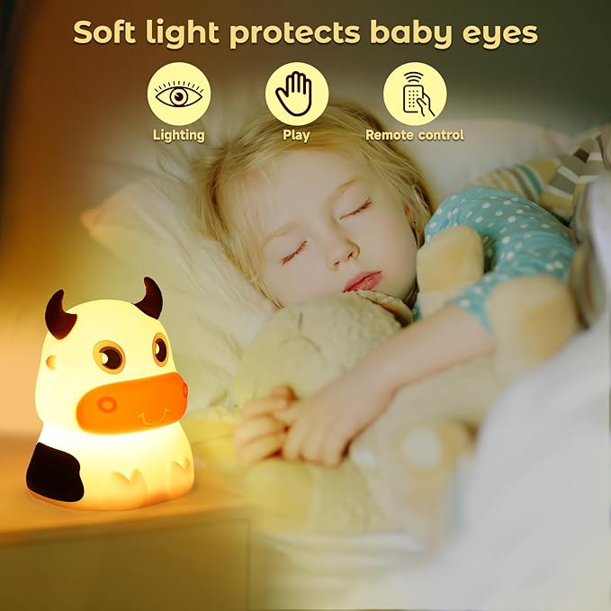 AVEKI Night Light for Kids, Portable Tap Control Nightlight Lamp, 7 Colors Mode, Silicone Cute Animal Cow LED Nursery Night Lamp Bedroom Decor for Baby Infant or Toddler (Cows-Battery Powered)