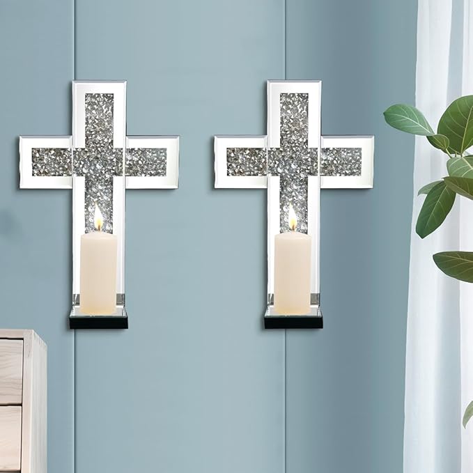 Aeveco Crystal Crush Diamond Mirrored Candle Sconces, Silver Wall Candle Holder Set of 2, Wall Decoration for Living Room，Dining Room (Silver Cross)
