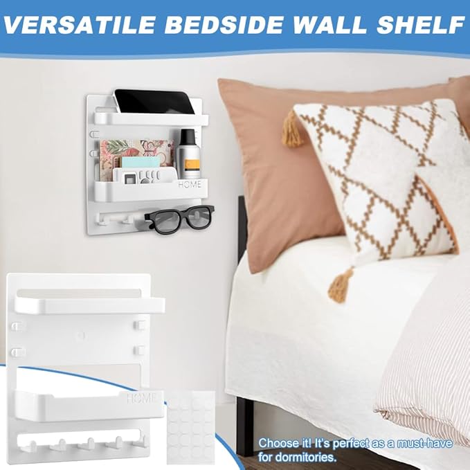 Bedside Shelf Wall Mount and Wall Nightstand for Bedroom,Adhesive Nightstand Wallshelf with 5 Hooks,Wall Mount Shelf Organizer for Charging Station and Remote Control Holder(White)
