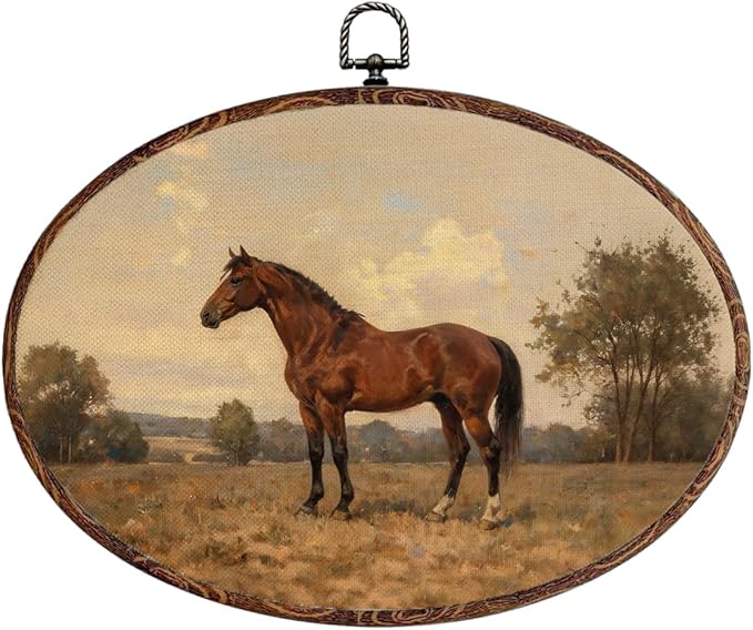 Vintage Horse Oval Framed Wall Art, Classic Horse Picture Canvas Art Painting Wall Decor, Rustic Cottagecore Hanging Decor Print Artwork for Home Bathroom Living Room Bedroom Farmhouse 12X8.3