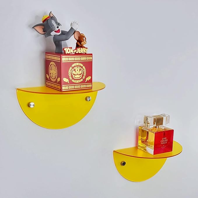 ROYALITA Small Acrylic Shelves Room Decor Floating Shelves (2-Pack, 8-inch Diameter) - Wall Mounted Display Stand for Plants, Toys, Makeup, and More - Ideal for Home and Office, Yellow