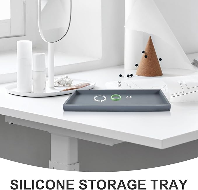 Cabilock Silicone Vanity Tray Large Gray Organizer for Bathroom Kitchen Countertop, Non-Slip Decorative Storage Plate for Makeup Keys Rings, Multipurpose Desktop Tray for Home Décor