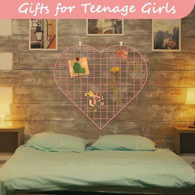 ECLENYES Grid Photo Wall Panels - 22.4"x20.4" Heart Shape Iron Rack Art Wire Board, Wall Grid Organizer, DIY Photo Frame for Home, Office, Kitchen, Bedroom, Christmas Gifts - Pink