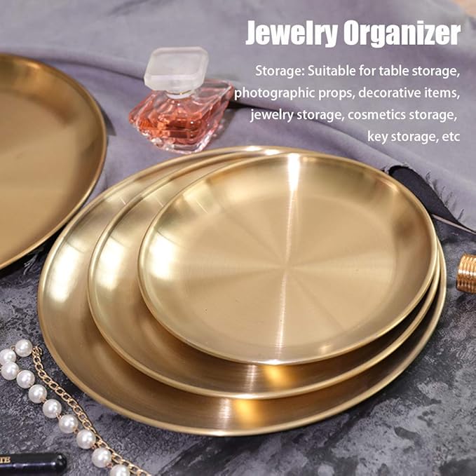 Round Brass Tray,Retro Plate Table Decor Easy Clean Stainless Steel Jewelry Organizer Round Tray for Modern Home,Jewelry, Makeup(Size:23cm)