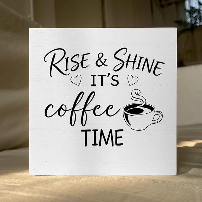 Farmhouse Coffee Bar Sign 5x5 Inch - "RISE & SHINE IT'S COFFEE TIME" Rustic Coffee Bar Decor, Farmhouse Style Shelf/Tabletop Decoration for Kitchen Café