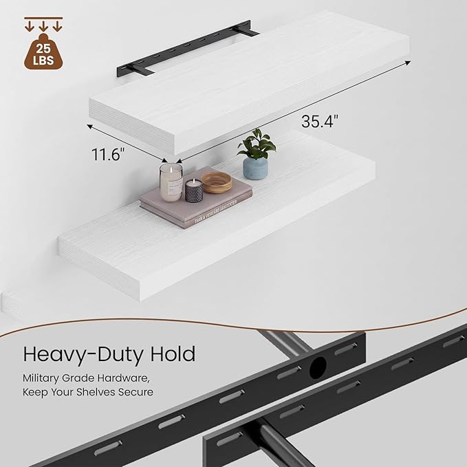 Heimlove 36 Inch Long Floating Shelf for Wall, 12" Deep White Floating Shelves Shelves for Bedroom Living Room Bedroom, Mounted Shelves for Storage Book Decor, Set of 2