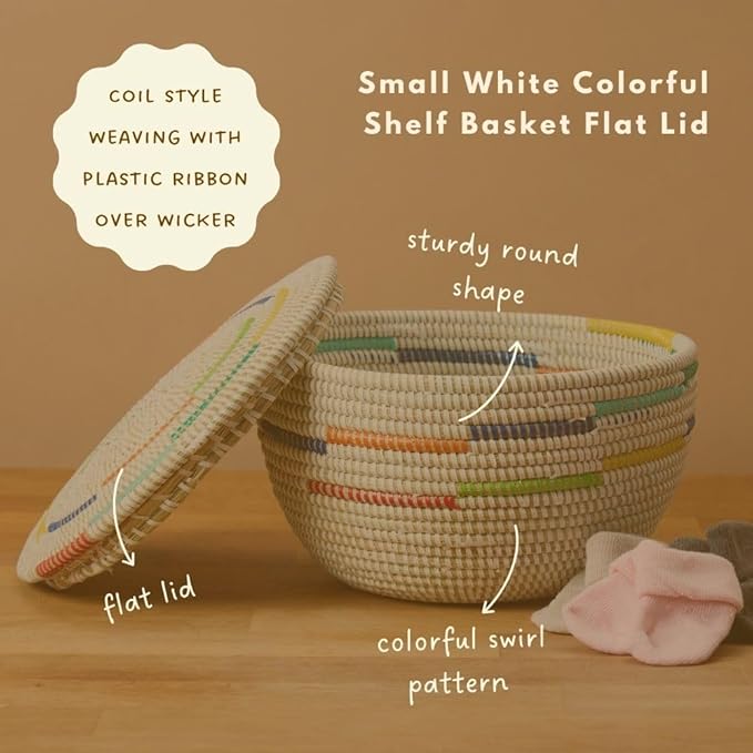 Small Decorative Basket, Colorful Pattern on White, Flat Lid, 10 Inch Wide