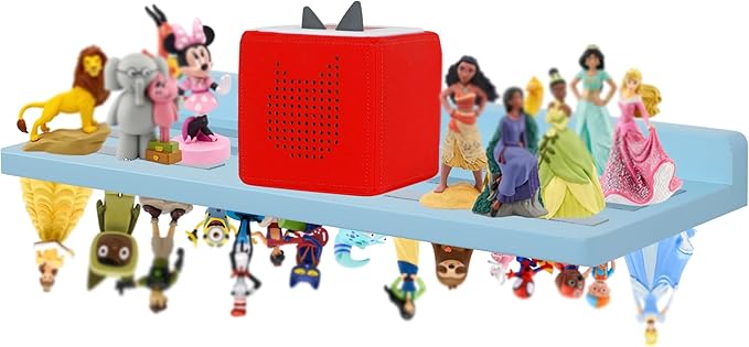 For Tonies Figures Shelf Magnetic,for Tonie Box Wall Shelves,for Tonies Characters Organizer Audio Toy Storage (Holds 36 Figurines),Compatible Charging Station for Children Kid's Room,Oak Wood,Blue