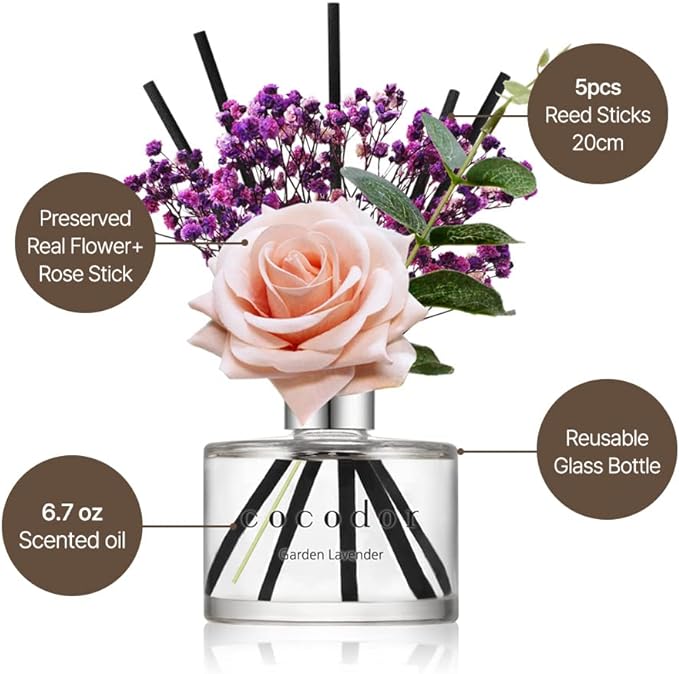 COCODOR Rose Reed Diffuser Set / 6.7oz / Rose Perfume/Scent Diffuser with Sticks Home Fragrance Reed Diffuser for Bathroom Shelf Decor for Women