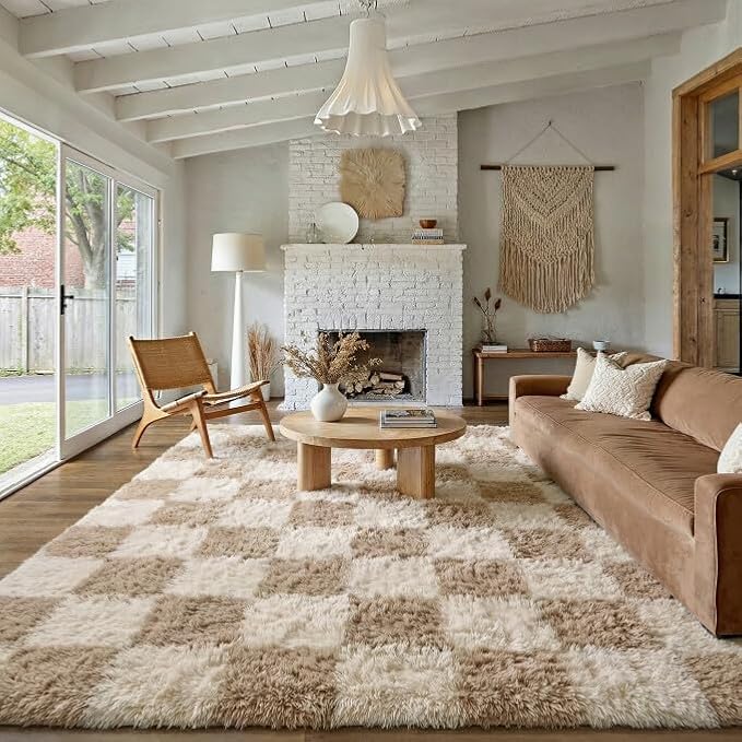 PureCozy Checkered Rug 8x10 for Living Room, Modern Neutral Shag Rug Washable Non-Slip Large Area Rug Super Soft Indoor Fuzzy Carpet Fluffy Rugs for Bedroom Home Aesthetic Decor