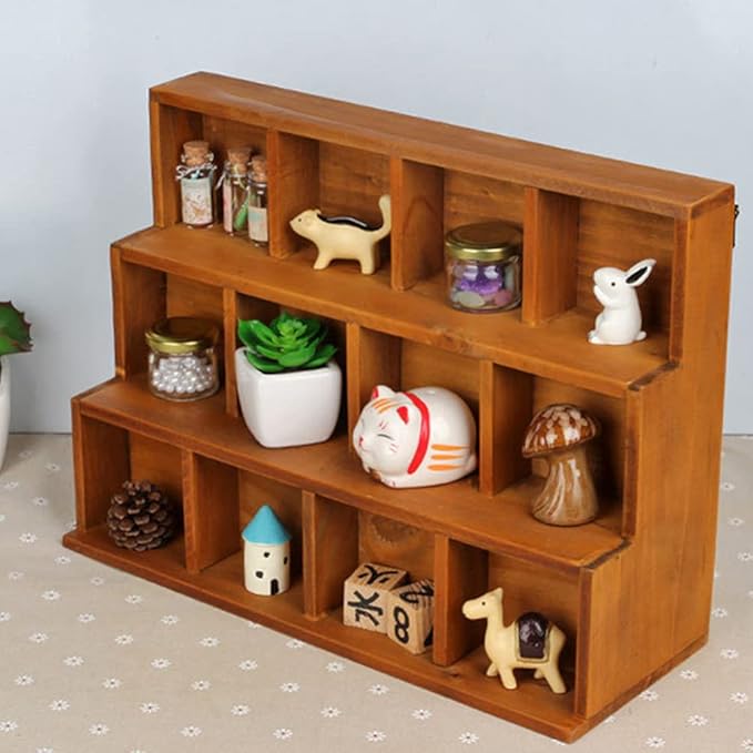 Cabilock Vintage Wooden Stair Storage Cabinet 12 Compartments Multi-Layer Desktop Organizer Shelf for Home D Cor Office Display Case 14.88 X 10.94 X 5.12 Inches