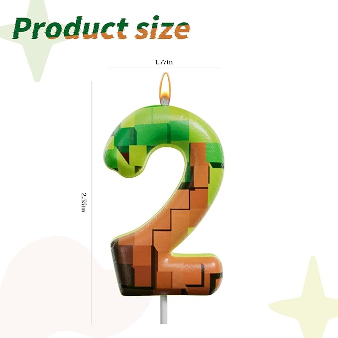 Pixel Miner Number Candle for Birthday Cake - 2.7 Inch Video Game Themed Party Decoration, Dynamite Style Cake Topper for Boys Girls Kids Anniversary Supplies(Retro Art, 2)