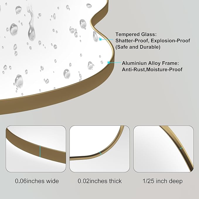 Itrue 20x36 Inch Gold Framed Irregular Tempered Glass Wall Mirror, Asymmetrical Vanity Mirror for Bathroom, Bedroom, Entryway