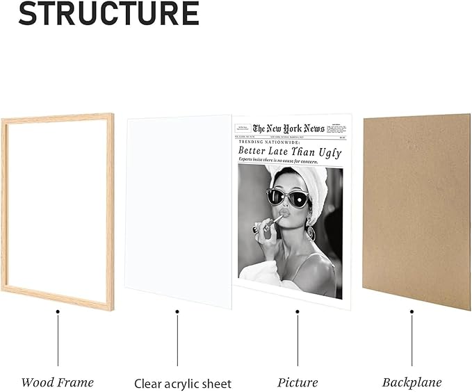 Bwodke OAK Wood Framed Wall Art Audrey Hepburn Newspaper Canvas Art Vintage Headline Pictures Wall Decor Better Late Than Ugly Prints Trendy Artwork for Girly Dorm Bedroom Bathroom 12"x16"