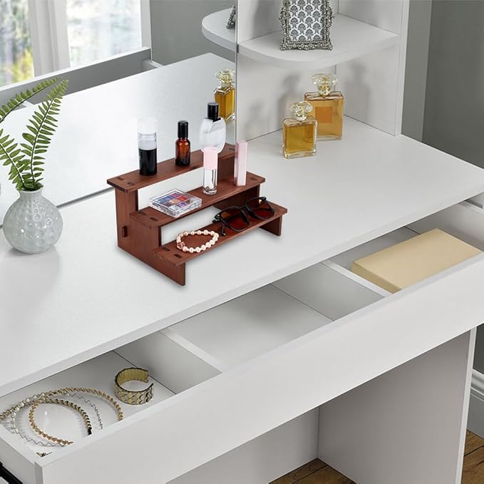 NBEADS 3-Tier Wooden Display Riser Shelf, 7.05x11.65x5.59 Inch Camel Tabletop Small Food Stand Risers Display Makeup Step Perfume Organizer for Fragrance Cosmetics Figure Collection