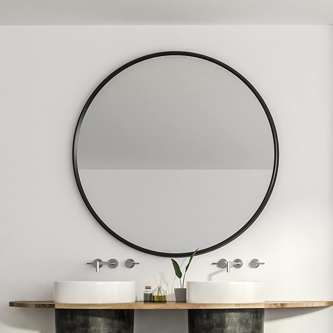 Itrue 30 Inch Round Wall Mirror, Brushed Black Metal Frame Circle Bathroom Vanity Mirror, Silver-Backed HD Glass Decorative Mirror for Over Sink, Bathroom, Living Room, Bedroom, Entryway